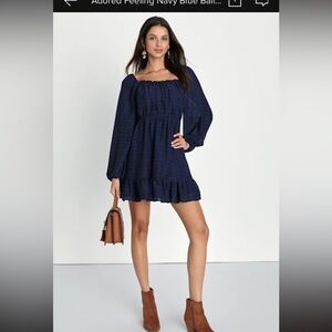 Lulus Adored Feeling Navy Blue Balloon Sleeve Skater Mini Dress - Size XS